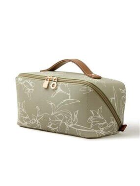 Travel Makeup Bag Waterproof Large Capacity Flat Open Toiletry Organizer Green